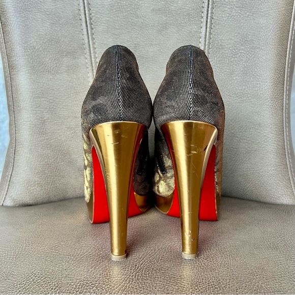 Christian Louboutin Manon 120 Euro 38 Leopard Gray Bluish Gold Toe Box & Buckles - Picture 4 of 16